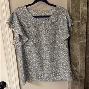 Women's Light Blue Floral Ruffle Sleeve Blouse